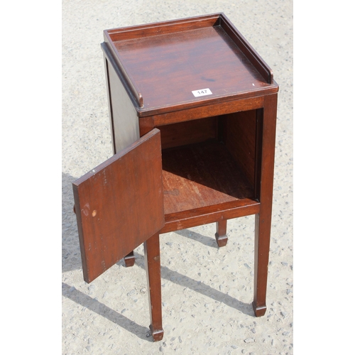 50 - A Victorian mahogany bedside cupboard with bun handle and spade legs, approx 32cm wide x 33cm deep x... 