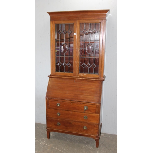 55 - Mahogany bureau bookcase with leaded glass top, approx 96cm wide x 28cm deep x 209cm tall