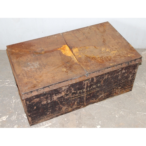 1413 - Two black painted metal military trunks, largest approx 91cm wide x 54cm deep x 41cm tall