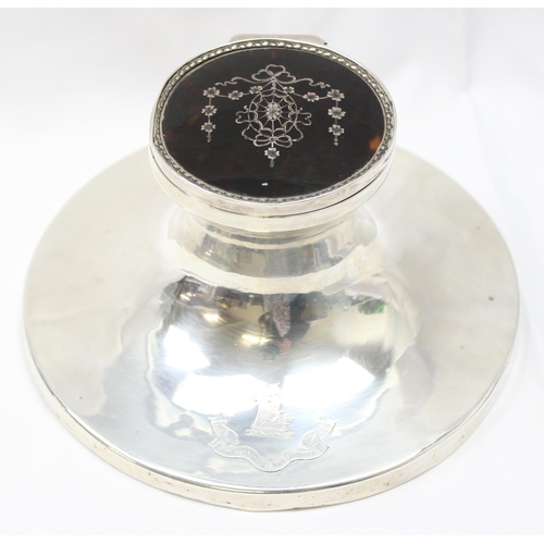 1099K - An early 20th century silver and tortoiseshell shaped capstan inkwell, marked for Birmingham 1911, m... 