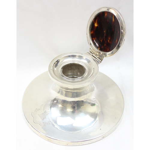 1099K - An early 20th century silver and tortoiseshell shaped capstan inkwell, marked for Birmingham 1911, m... 