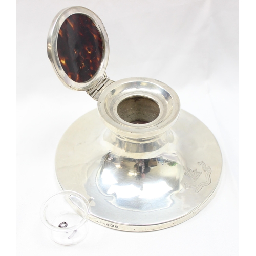 1099K - An early 20th century silver and tortoiseshell shaped capstan inkwell, marked for Birmingham 1911, m... 