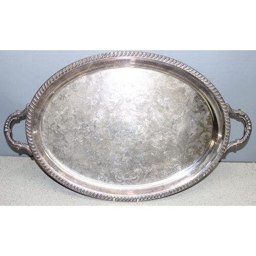 1051 - Large Georgian style oval silver-plated tray with handles, approx 66cm wide incl handles