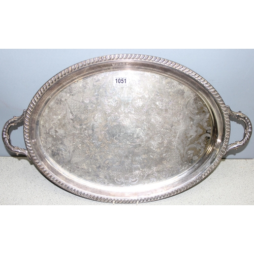 1051 - Large Georgian style oval silver-plated tray with handles, approx 66cm wide incl handles