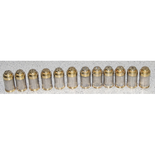 1053 - Six sets of small silver and gold plated salts and pepper dispensers all with stoppers, each approx ... 