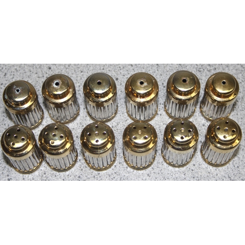 1053 - Six sets of small silver and gold plated salts and pepper dispensers all with stoppers, each approx ... 