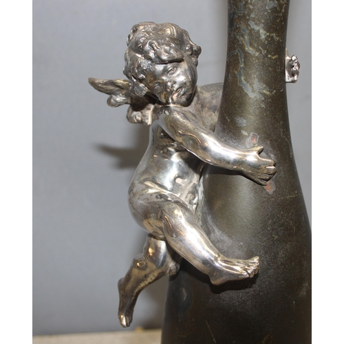 1054 - 19c French decorative bronze ewer with silver plated cast cherub and fittings - foundry mark to base... 