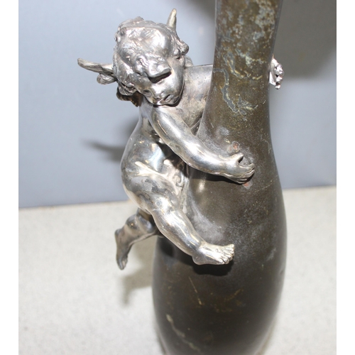 1054 - 19c French decorative bronze ewer with silver plated cast cherub and fittings - foundry mark to base... 