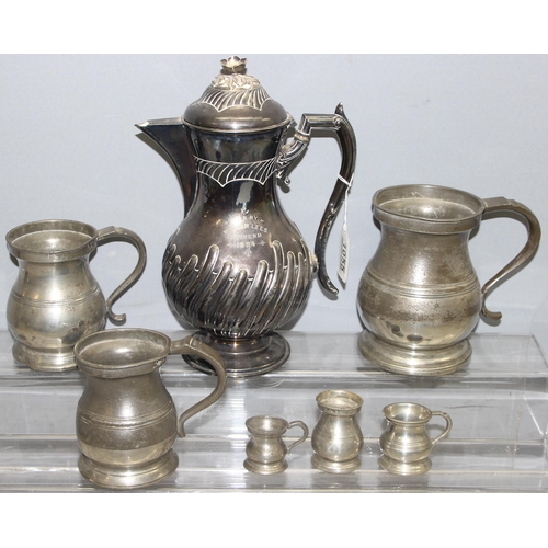 1055 - Mixed lot to incl antique silver-plated coffee pot (approx 30cm) and a selection of antique pewter t... 