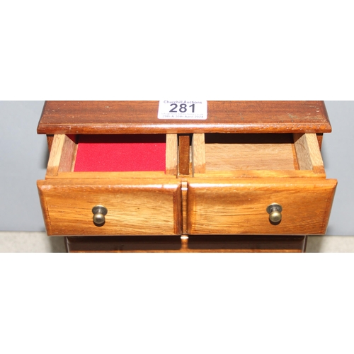 281 - Miniature mahogany collectors chest with four long and two short-drawers with lined interior, approx... 