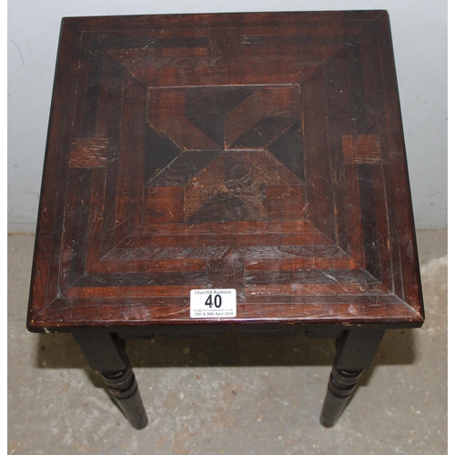 40 - An unusual antique parquetry topped side table slightly in the manner of Liberty, approx 34cm wide x... 