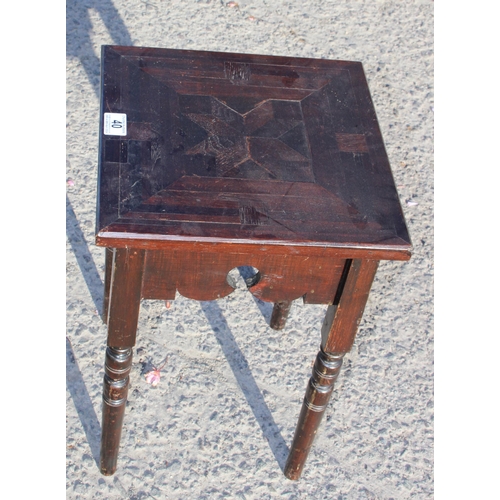 40 - An unusual antique parquetry topped side table slightly in the manner of Liberty, approx 34cm wide x... 