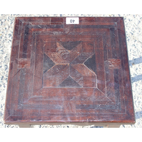 40 - An unusual antique parquetry topped side table slightly in the manner of Liberty, approx 34cm wide x... 