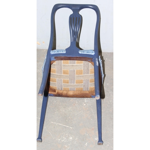 65 - A blue painted side chair with denim fabric upholstery