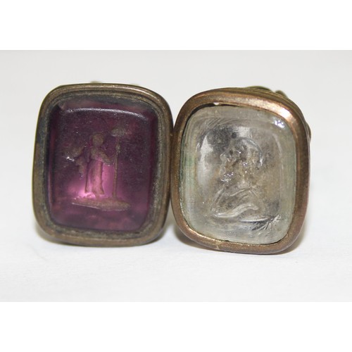 1188 - 2 antique gold plated intaglio fob seals, likely early 19th century and a mother of pearl and silver... 