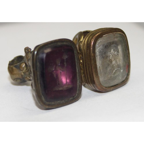 1188 - 2 antique gold plated intaglio fob seals, likely early 19th century and a mother of pearl and silver... 