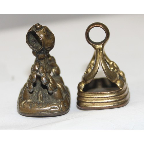 1188 - 2 antique gold plated intaglio fob seals, likely early 19th century and a mother of pearl and silver... 