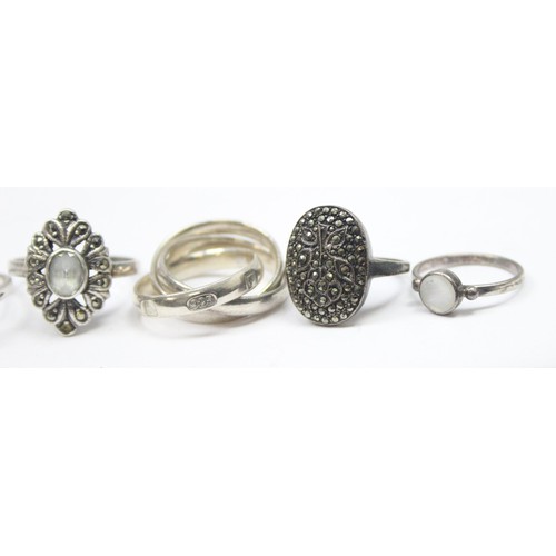 1193 - 6 assorted silver rings to inc Art Deco period Marcasite rings, Russian band ring etc, all XRF confi... 