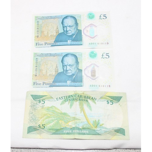 1251 - 2 Winston Churchill 2015 £5 notes with consecutive serial numbers, AD01 610118 & 19, and an Eastern ... 