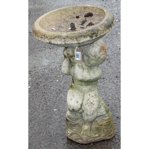 351 - A weathered concrete fountain formed as a cherub holding a basin, approx 37cm wide x 37cm deep x 62c... 