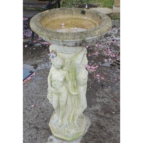 358 - A weathered reconstituted stone bird bath, the base formed as 3 Graces, approx 50cm wide x 40cm deep... 