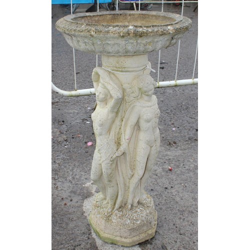 358 - A weathered reconstituted stone bird bath, the base formed as 3 Graces, approx 50cm wide x 40cm deep... 