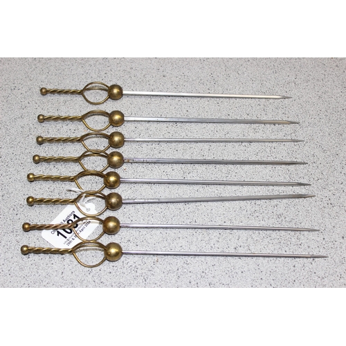 1081 - A set of 8 vintage German made steel and brass meat skewers, each approx 30cm long