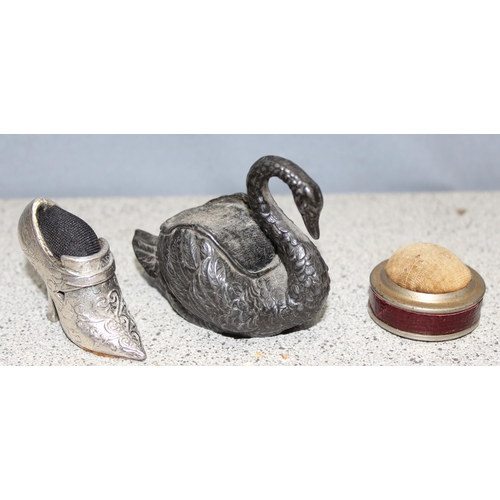 1099H - 6 assorted antique and vintage silver plated and other pin cushions to inc 4 shoes, a swan and a pin... 