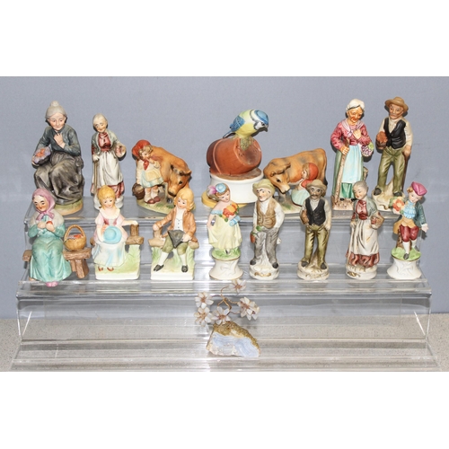 1836 - Qty of assorted continental ceramic figurines, to incl a wind-up musical bird, tallest approx 18cm