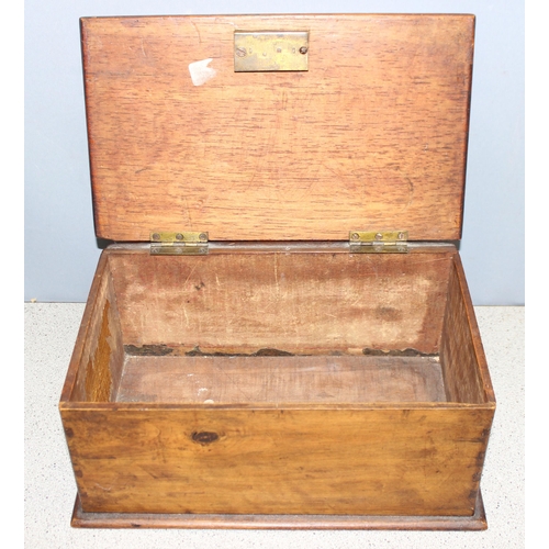 296 - A vintage wooden box with chip carved lid and pine sides, unusual writing to underside, possibly Sca... 