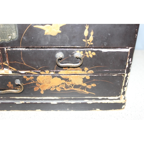 299 - A Japanese black lacquer and shibayama inlaid sewing box and contents, likely early 20th century, ap... 