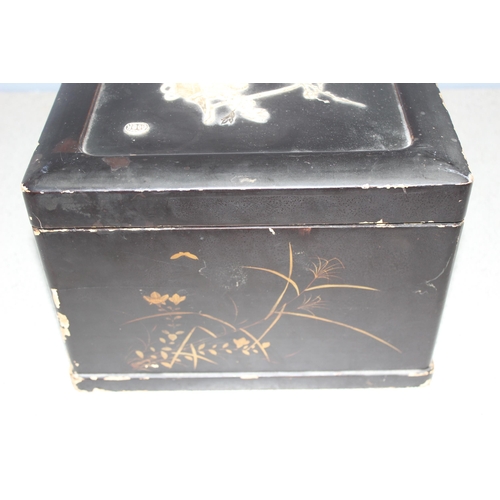 299 - A Japanese black lacquer and shibayama inlaid sewing box and contents, likely early 20th century, ap... 