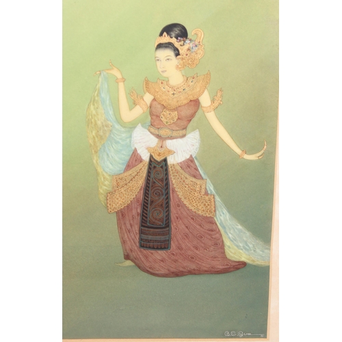 404 - B.C. Gue (Bombay School, XX), a high quality gouache painting of a Cambodian dancing lady in glazed ... 