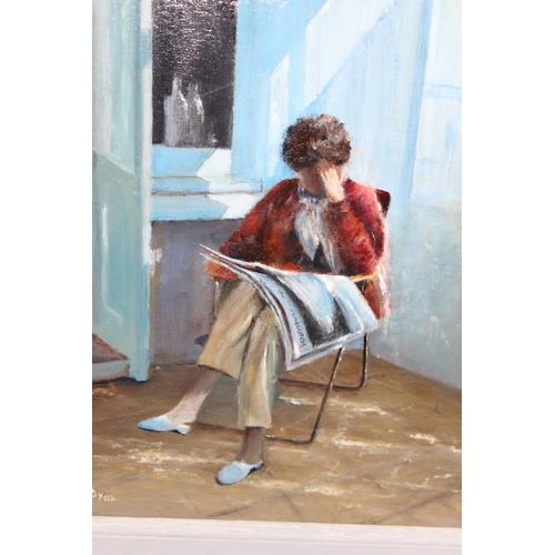 405 - Original oil on board of a seated lady reading a newspaper in frame, signed Digby '02, approx 57 x 4... 