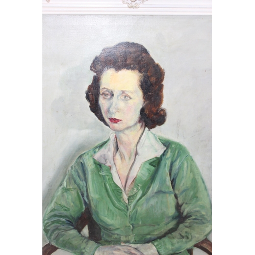 406 - Mid-century oil on canvas portrait of a seated lady, seemingly unsigned, in frame, approx 76 x 65cm