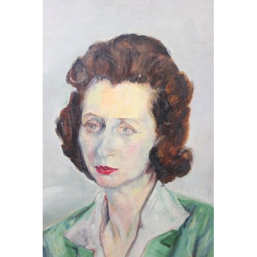 406 - Mid-century oil on canvas portrait of a seated lady, seemingly unsigned, in frame, approx 76 x 65cm