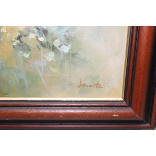 499H - Original oil on canvas depicting a young lady resting under a tree, indistinctly signed lower right,... 