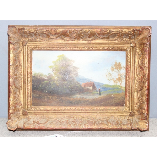 499J - Small antique oil on board painting of a lady returning to a cottage in the woods, seemingly unsigne... 