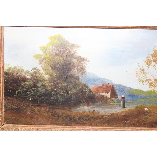 499J - Small antique oil on board painting of a lady returning to a cottage in the woods, seemingly unsigne... 