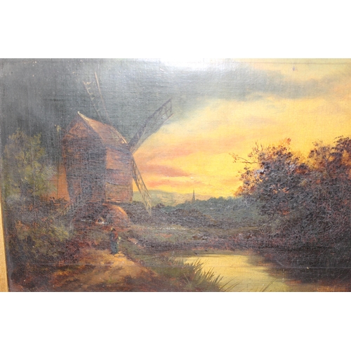 499N - Antique oil on canvas landscape of a windmill, seemingly unsigned, approx 42cm 32cm