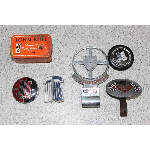 732 - Various vintage car badges etc and a John Bull puncture repair kit