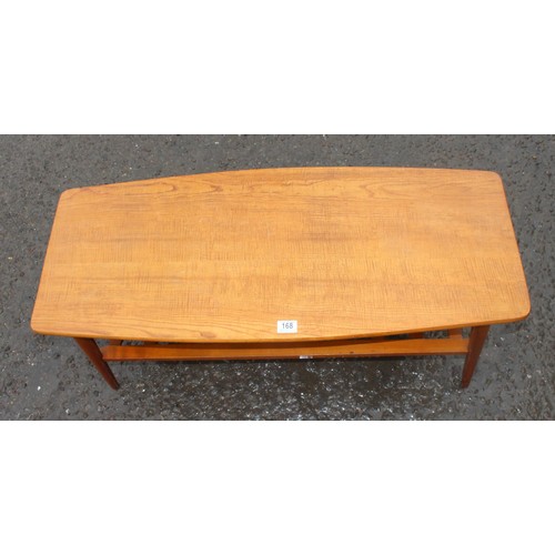 168 - A retro mid-century coffee table with magazine rack base, approx 103cm wide x 42cm deep x 40cm tall