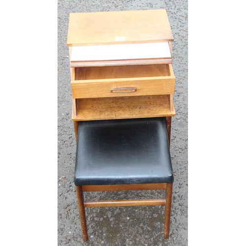 166 - A retro telephone table and pull out vinyl topped stool, approx 43cm wide x 43cm deep x 69cm tall