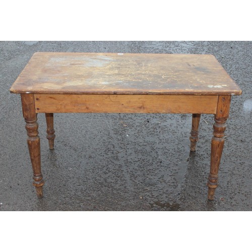 167 - A rustic pine farmhouse kitchen table with single drawer, approx 126cm wide x 75cm deep x 74cm tall