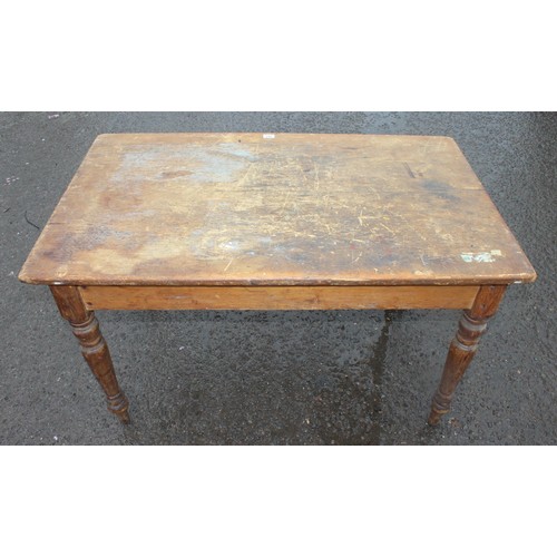 167 - A rustic pine farmhouse kitchen table with single drawer, approx 126cm wide x 75cm deep x 74cm tall