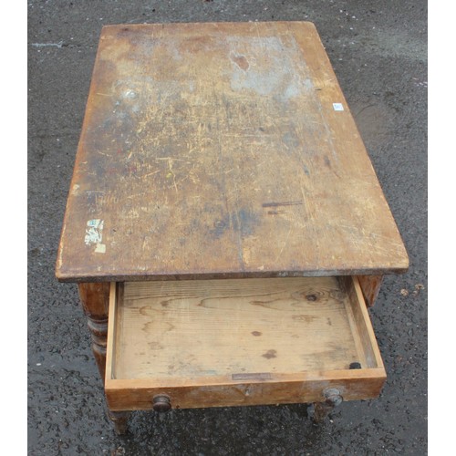 167 - A rustic pine farmhouse kitchen table with single drawer, approx 126cm wide x 75cm deep x 74cm tall