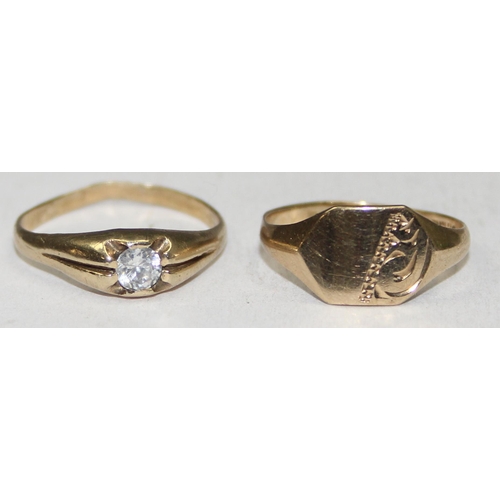 1136 - 2 9ct gold rings, a small signet ring, marked 9ct and XRF confirmed, approx size H, and a white ston... 