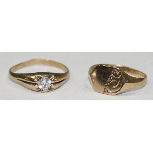 1136 - 2 9ct gold rings, a small signet ring, marked 9ct and XRF confirmed, approx size H, and a white ston... 