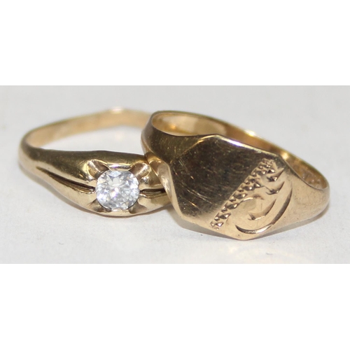 1136 - 2 9ct gold rings, a small signet ring, marked 9ct and XRF confirmed, approx size H, and a white ston... 