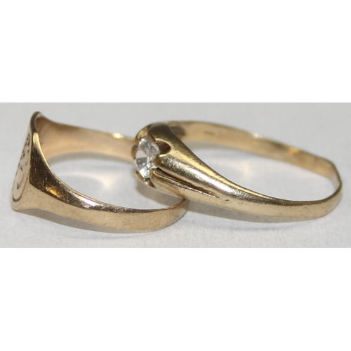 1136 - 2 9ct gold rings, a small signet ring, marked 9ct and XRF confirmed, approx size H, and a white ston... 